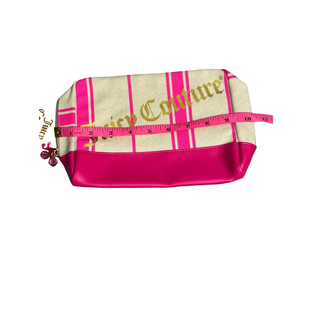 Juicy Couture Pink Striped Canvas Makeup Bag Gold Glitter Logo NWT Large